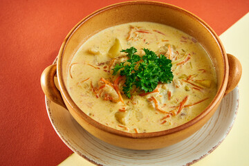 Belgian fish soup with Waterzooi in a clay plate on colored backgrounds