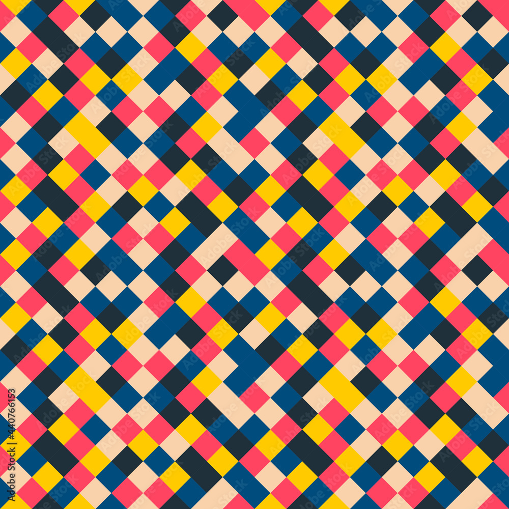 Poster Diagonal pixels pattern. Pink and yellow colors of vector squares. Repeated and seamless.