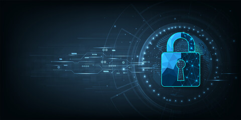 Cyber security design.Visualization of cyber security With Padlock  lock on dark blue background.Cyber security and Technology concept.Vector illustration.Eps10