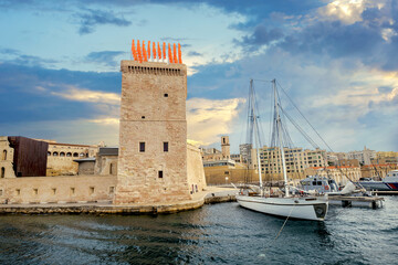 View of watchtower of fort Saint  Jean and Vieux Port in harbour of Marseille. France