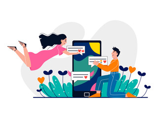 Man and woman chatting online. Online dating. Virtual relationships concept. Love trough internet. Flat vector illustration.
