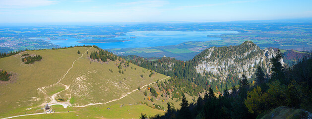 view from kampenwand mountain to lake chiemsee and alpine foothills, upper bavaria