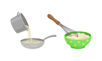 Cooking and Food Preparation Process with Kitchen Utensils and Ingredient Vector Set