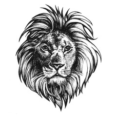 Hand Drawn Portrait of Lion. Black and White Illustration
