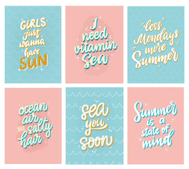 set of summer hand lettering quotes on blue and pink backgrounds. Good for posters, cards, prints, banners, signs, stationary, planners, etc. EPS 10