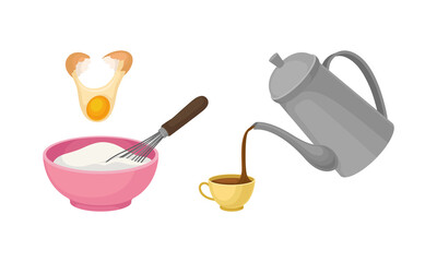 Cooking and Food Preparation Process with Kitchen Utensils and Ingredient Vector Set