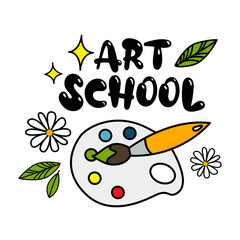 Concept of education. School background with hand drawn school supplies and comic speech with Art School lettering in cartoon style on white