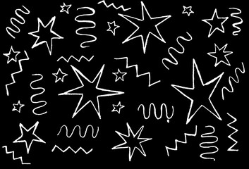 White stars, waves, and zigzags are drawn in white on a black background