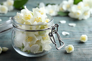 Beautiful jasmine flowers in glass jar on blue wooden table