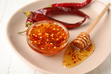Plate with hot honey and chili peppers on light wooden background, closeup - obrazy, fototapety, plakaty