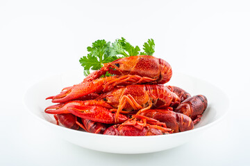 Delicious crayfish on a plate on white background
