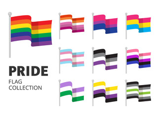 Pride flag collection in flat style. LGBTQ+ sexual identity isolated on white background. Vector stock