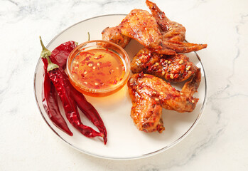 Plate with tasty fried chicken wings, dry chili peppers and hot honey on light background