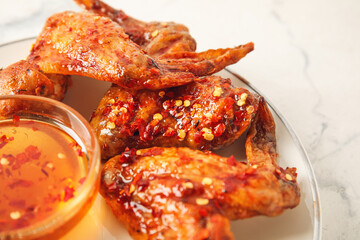 Plate with tasty fried chicken wings and hot honey on light background, closeup