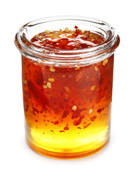 Jar of hot honey on white background