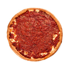 Tasty Chicago-style pizza on white background