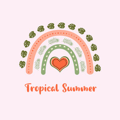 Summer rainbow with watermelon, tropical leaves, monstera Summer fruit rainbow graphic element