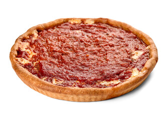 Tasty Chicago-style pizza on white background