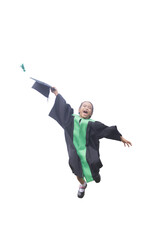 An Asian schoolgirl jumps with joy as she graduates from kindergarten. An isolated image with white background.