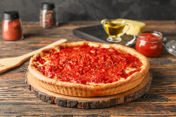 Board with tasty Chicago-style pizza and ingredients on wooden table