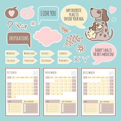 DOG PLANNER WINTER 2022 Template Schedule And Collection With Design Elements For A Three Months For Printable And Plotter Cutting Clip Art Vector illustration Set