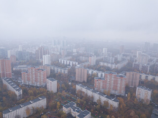 Top view of Moscow residential area during haze