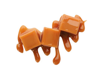 Caramel candies with topping on white background, top view