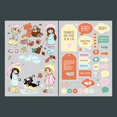 Obraz premium NOVEMBER STICKERS FOR PLANNER Cartoon Girls And Autumn Nature Elements Printable And Plotter Cutting Page Template For Schedule Clip Art Vector illustration Set