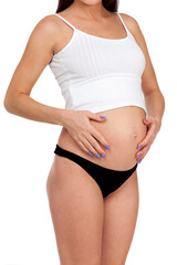 Pregnant woman posing against white background, isolated