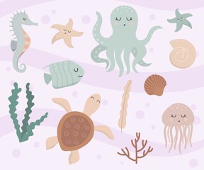 Cute vector ocean set with sea creatures. Gender neutral clipart. Baby fish, octopus, jellyfish, shell, seahorse, sea stars, turtle.