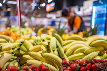 Colorful fruits and berries on farmer market and seller on blured background. Bananas and...