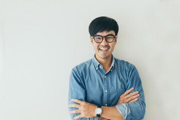 adult asian man.young male person wear eye glasses.posing smiling laughing look excited surprised thinking positive happy.empty,copy space for text advertising.white background.attractive fashion