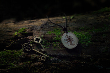 Vintage keys and a tree pendant 