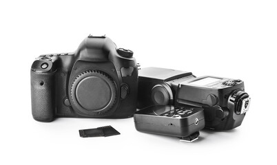 Modern photographer's equipment on white background