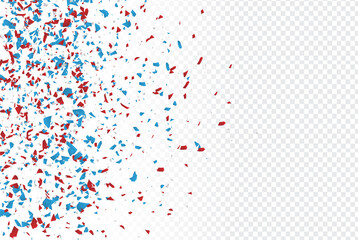 4th of July American Independence day backdrop with confetti scattered paper in blue, red, and white traditional colors on transparent background.