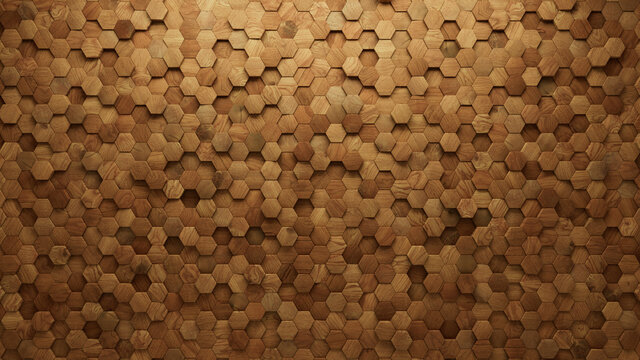 Wood Tiles arranged to create a Natural wall. Soft sheen, Hexagonal Background formed from 3D blocks. 3D Render