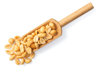 roasted peeled peanuts in the wooden scoop, isolated on white background, top view