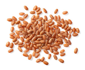 raw short-grain brown rice isolated on white background, top view