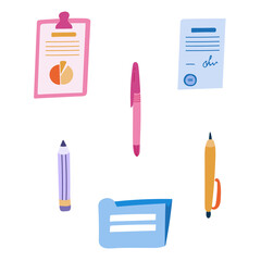 Set of cute and funny business documents, pens and pencils in cartoon style. Paper in clipboard, folder, pencil for writing things down. Vector hand drawn illustrations isolated on background.