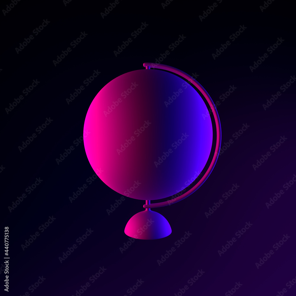 Poster neon minimalistic globe icon. 3d rendering interface ui ux element. dark glowing symbol.