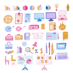 Big business set with colorful hand drawn cliparts in cartoon style. Vector illustrations isolated on background. Briefcases. lamps, money and finances, laptop, computers, planners, calendars etc.