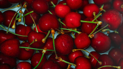 Top view of fresh cherries in water  