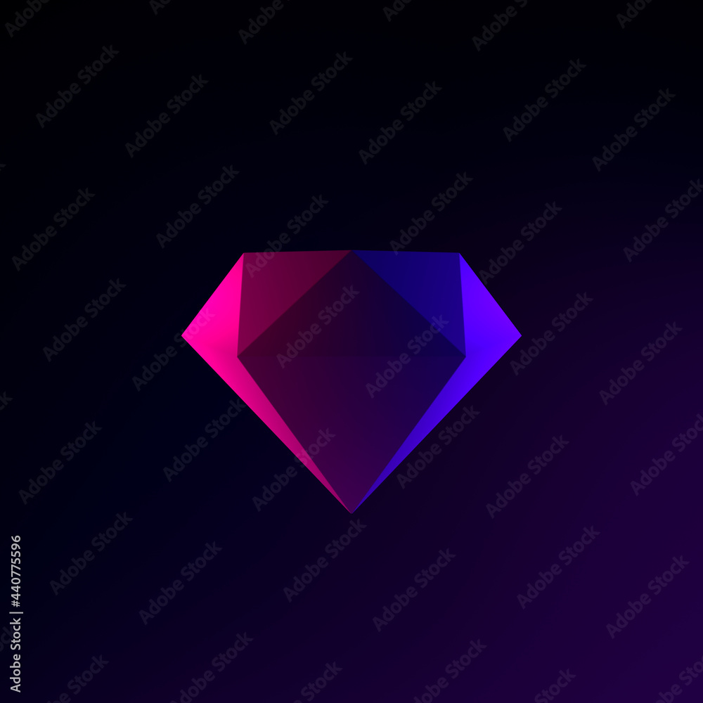 Poster neon diamond icon. 3d rendering interface ui ux element. dark glowing symbol.