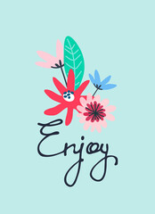 Enjoy vector design for cute cards, social media. Continuous script cursive decorated with abstract flowers. Isolated on blue background