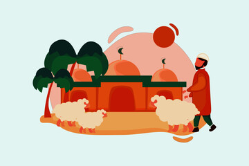 illustration of muslim going sacrifice the sheep, going to mosque, greeting cards for eid al adha, muslim man bring sheep