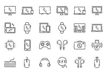 Set of Device Line Icon. Contain Laptop, Phone, Headphone, PC, Notebook, Digital Equipment. Wireless Smart Electronic Gadget Linear Icons. Device Pictogram. Editable Stroke. Vector Illustration