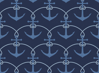 Seamless vector texture twisted rope with scratch anchor. Blue background