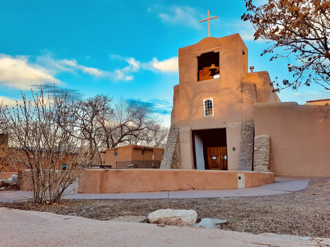 San Miguel Mission Chapel In Santa Fe, New Mexico. Adobe Church Built In The 17th Century