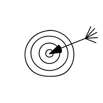 Cute hand drawn target with arrow in the center in doodle style. Explaining business processes, achievements of goals, plans, tasks. Vector illustration isolated on background.