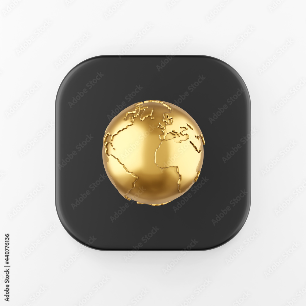 Poster golden globe icon in cartoon style. 3d rendering black square button key, interface ui ux element.